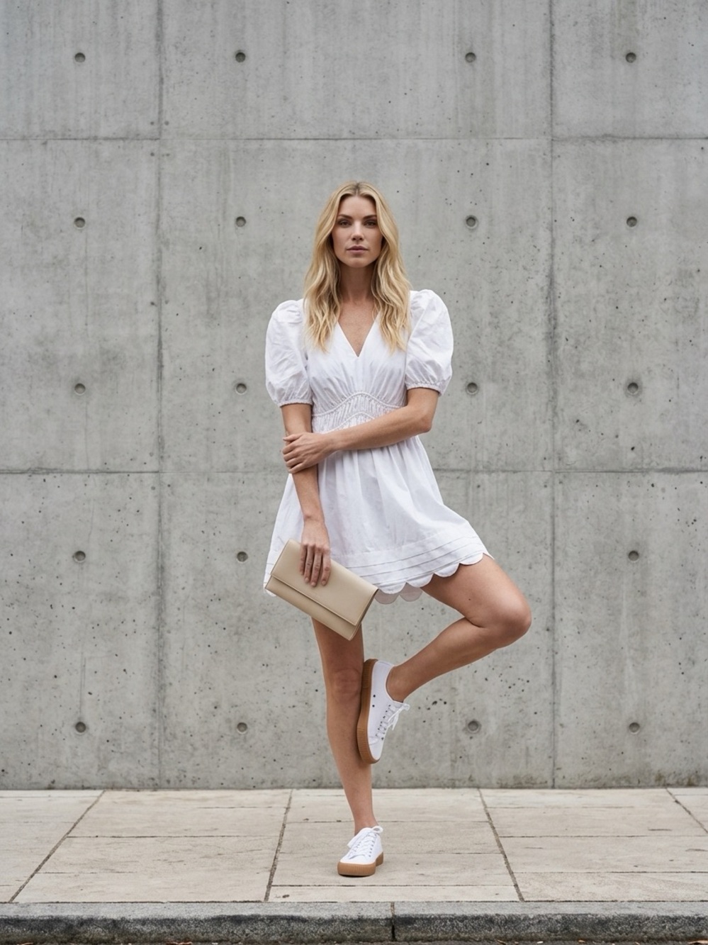 English Factory White Ruched-Sleeve Dress